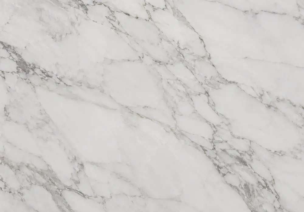 White Carrara Marble slab gallery display with large upright panels, architectural applications and soft luxury lighting