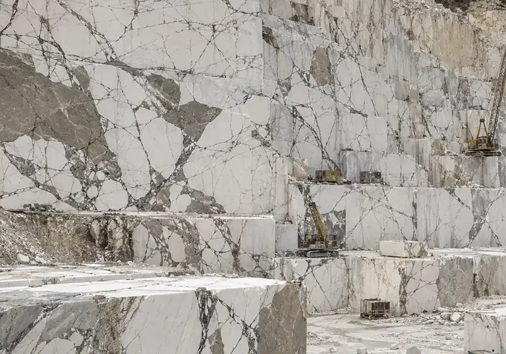 Carrara marble in a classic modern bathroom, with authentic veining, polished stone depth and refined architectural detail.