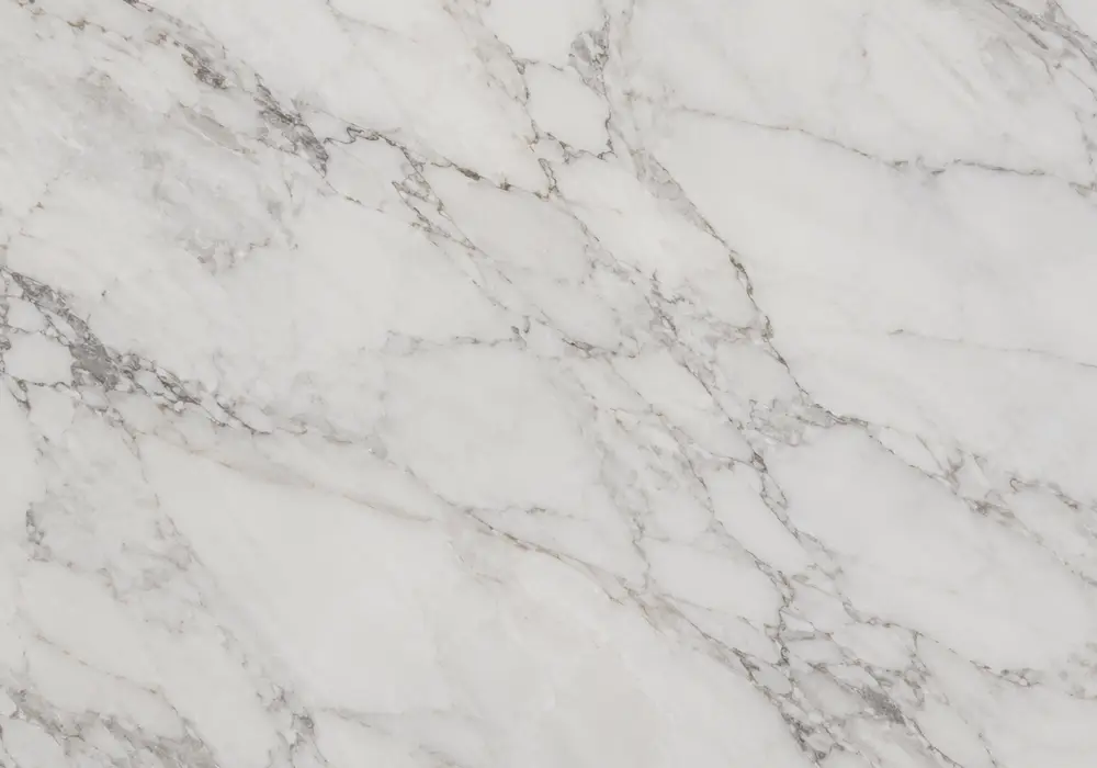 White pearl marble flooring with pearlescent slabs, polished countertop, vanity and delicate grey beige crystalline veining
