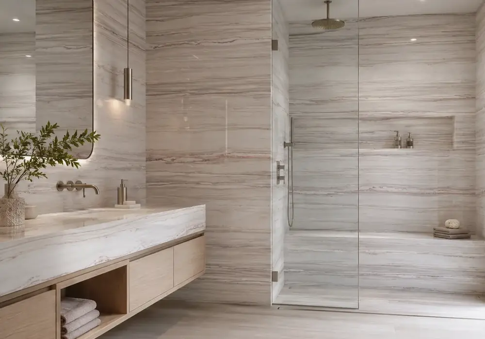 sophisticated pale feature stone across a feature wall, flooring and a sculptural countertop, with authentic slab variation.