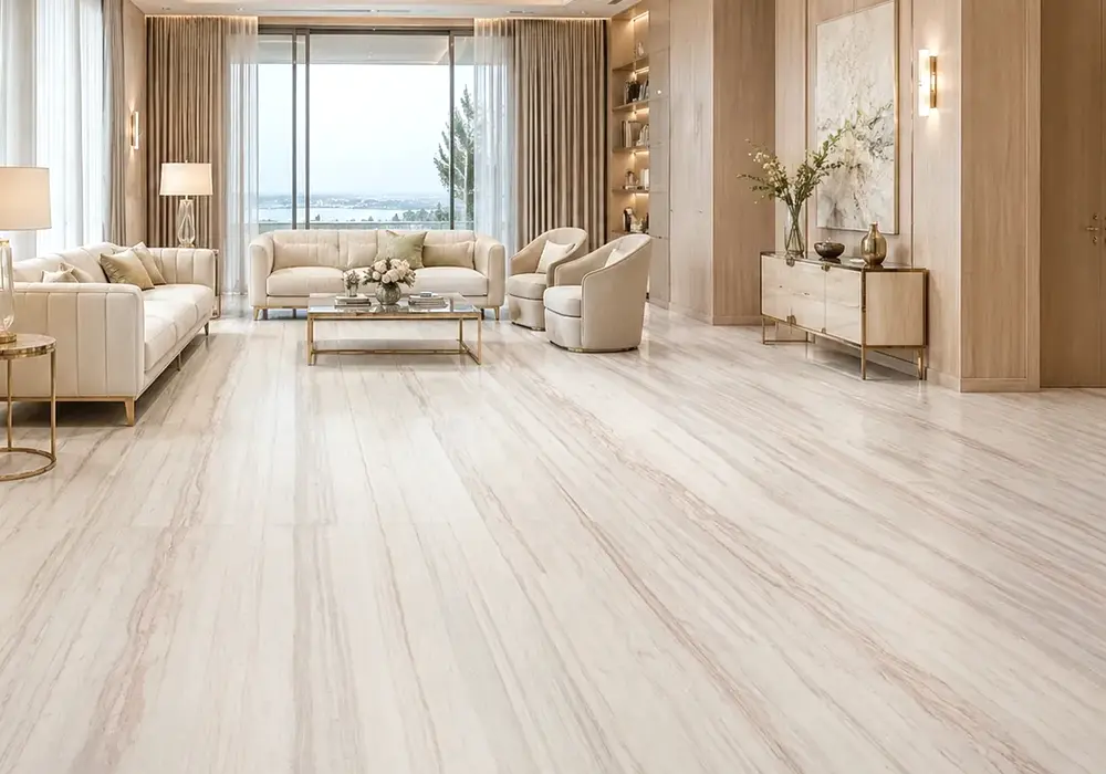 White Wood Marble fireplace surround in a refined showroom with natural slabs, matched panels and soft gallery lighting
