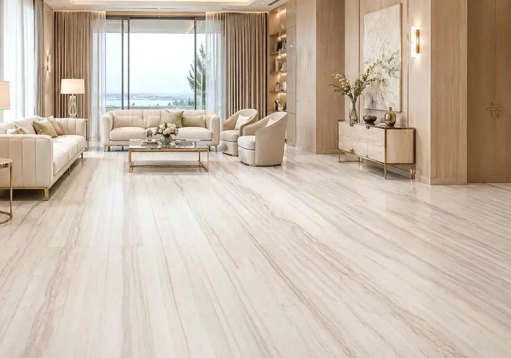 Light Wood Grain marble in a hotel corridor, showing natural slab variation, polished surfaces and refined interior detail.