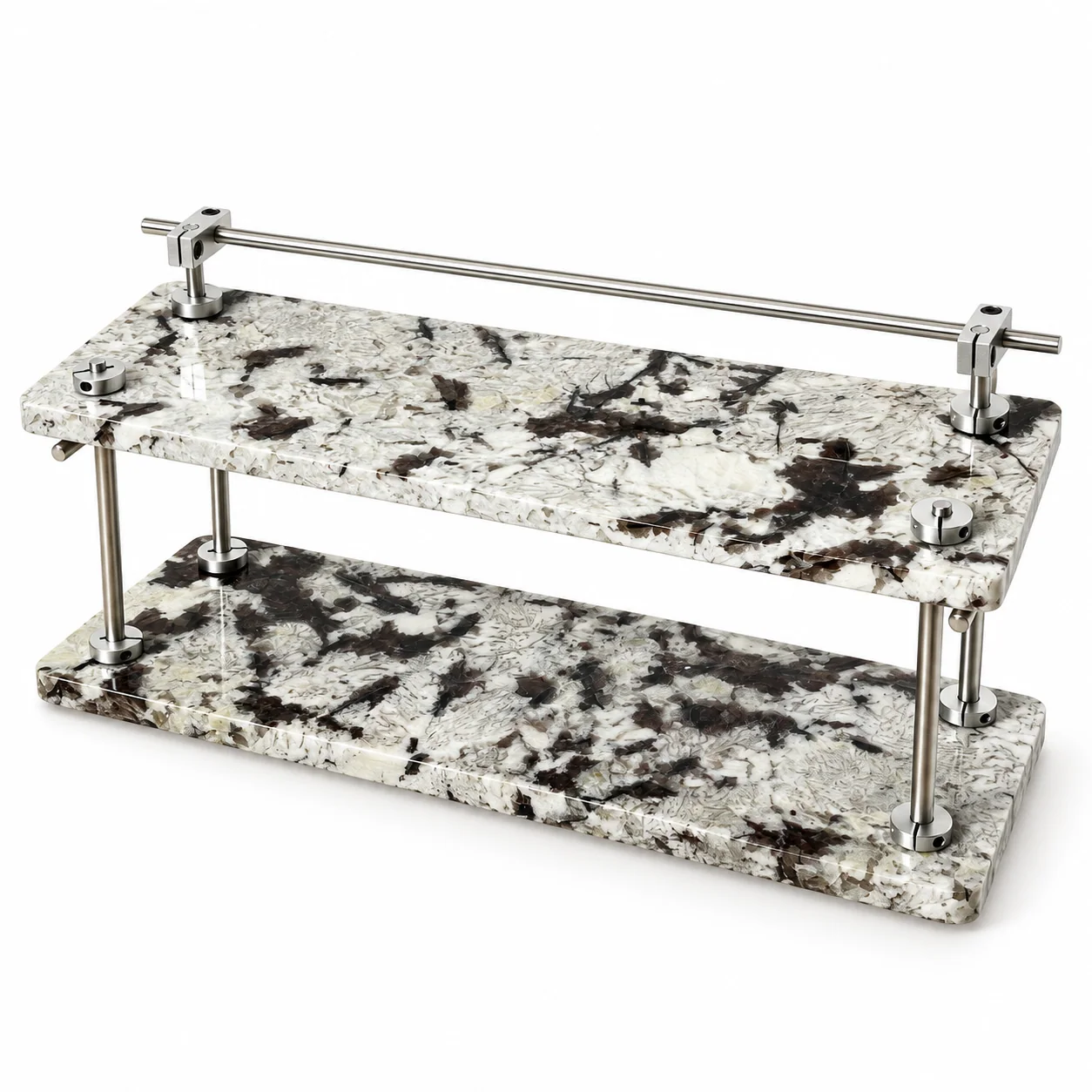 White Diamond Mosaic Pattern 2-Tier Stone Display Shelf with Top Rail No. 205 image 1