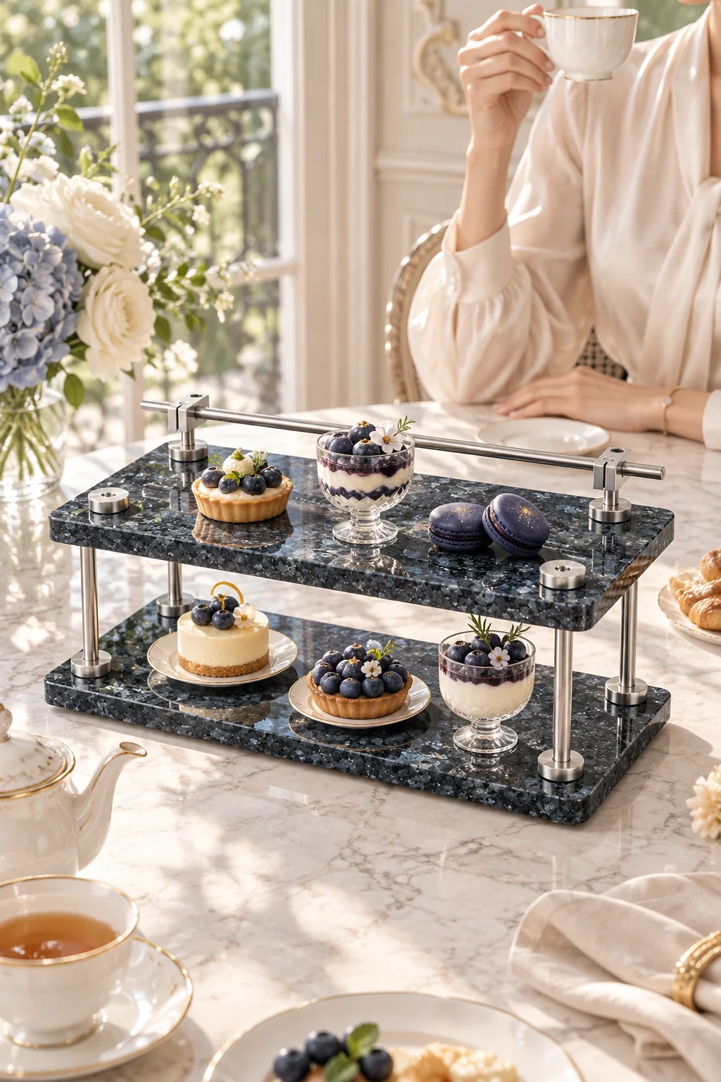 Sapphire Blue Pattern 2-Tier Stone Display Shelf with Top Rail No. 211 image 3