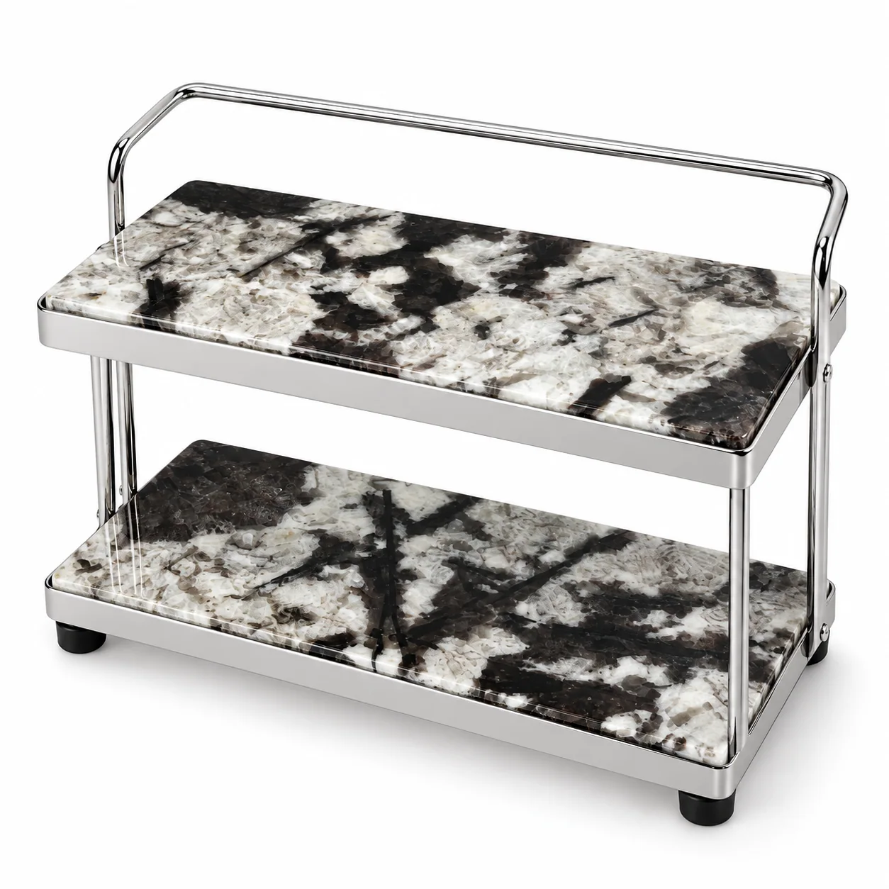 White Diamond Mosaic Pattern Mini 2-Tier Stone Rolling Display Cart No. 306 image 1