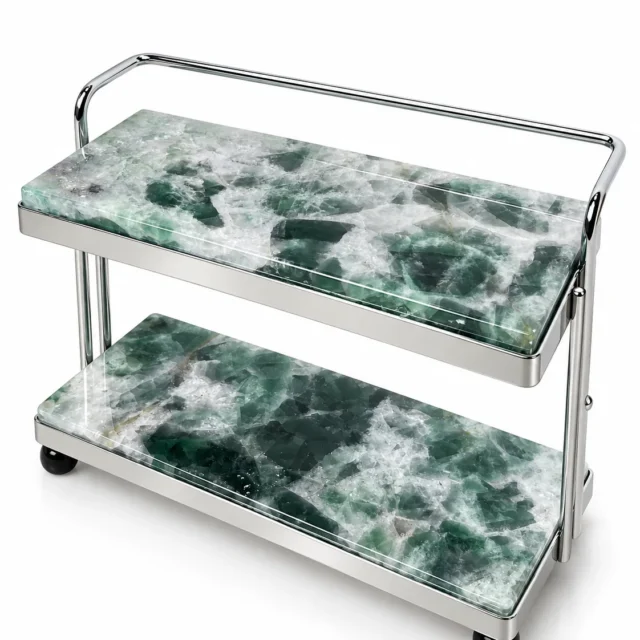 Lake Blue Tri-Color Fluorite Pattern Mini 2-Tier Stone Rolling Display Cart No. 313 image 1