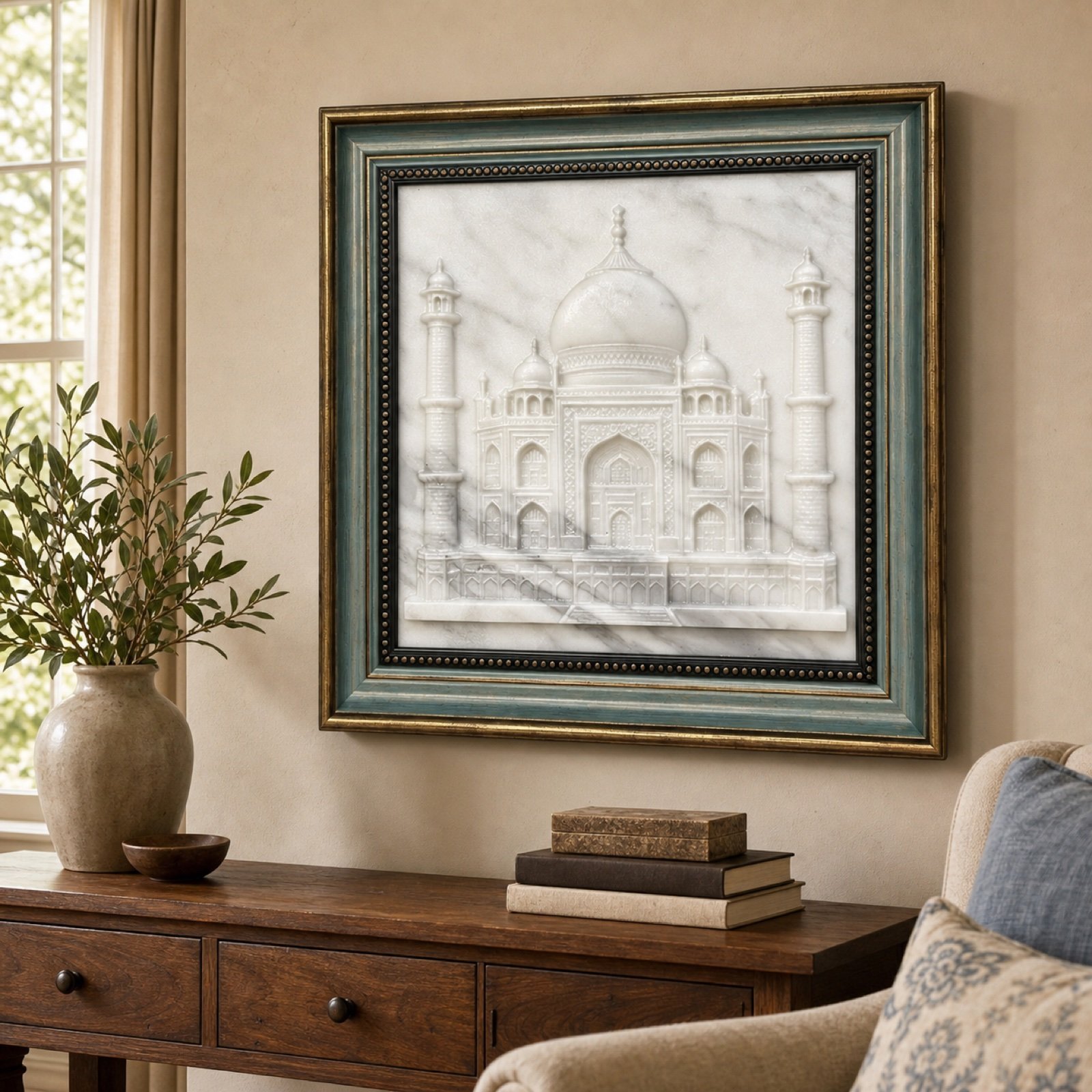 Framed Carved Marble Architectural Art - Image 2