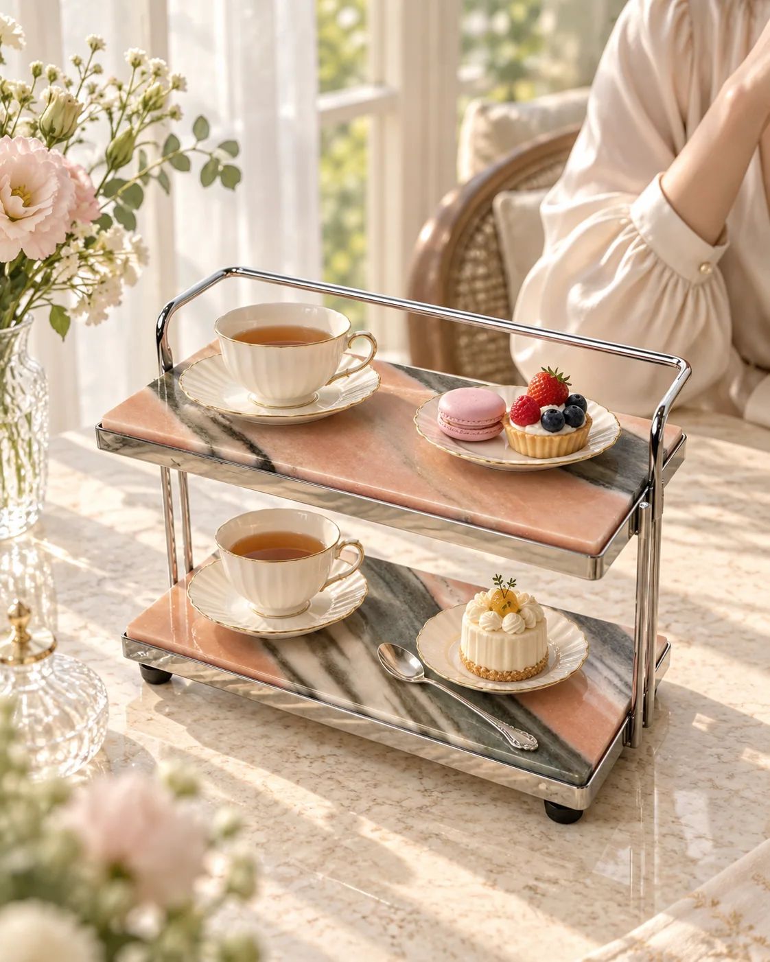 Dusty Pink Stone Mini 2-Tier Stone Rolling Display Cart No. 312 - Image 3