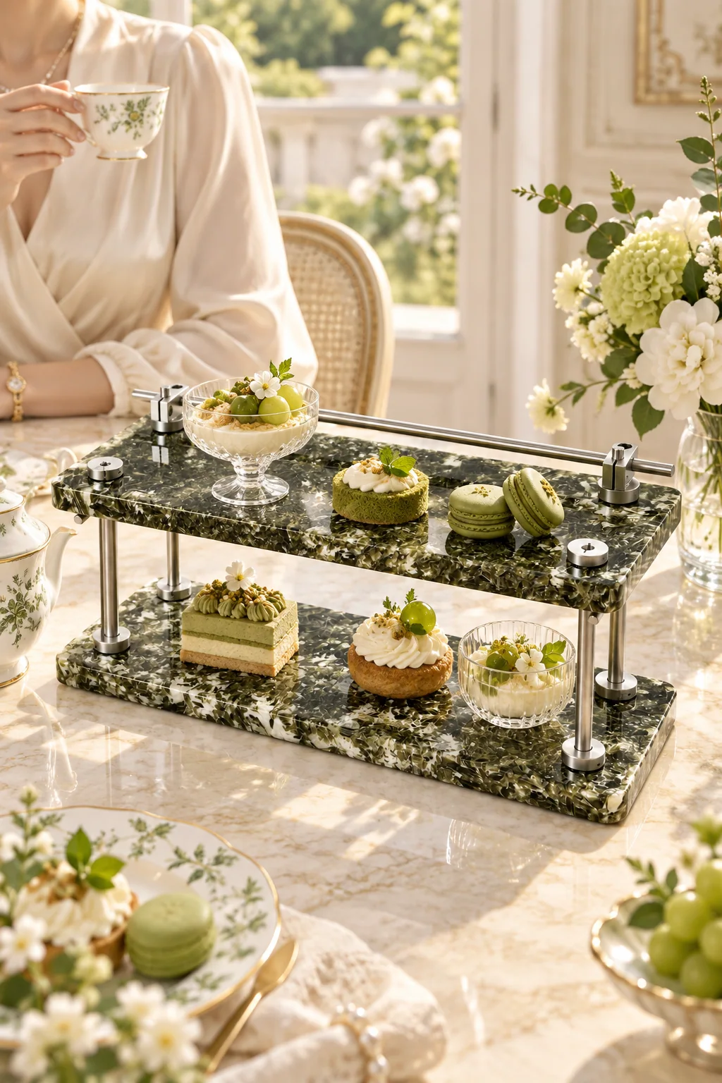 Green Diamond Mosaic Pattern 2-Tier Stone Display Shelf with Top Rail No. 203 - Image 3