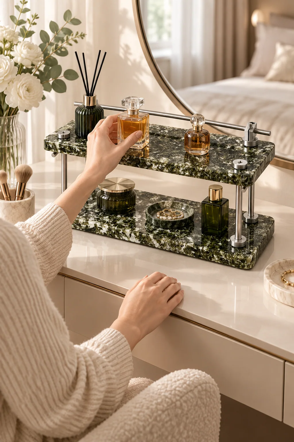 Green Diamond Mosaic Pattern 2-Tier Stone Display Shelf with Top Rail No. 203 - Image 4