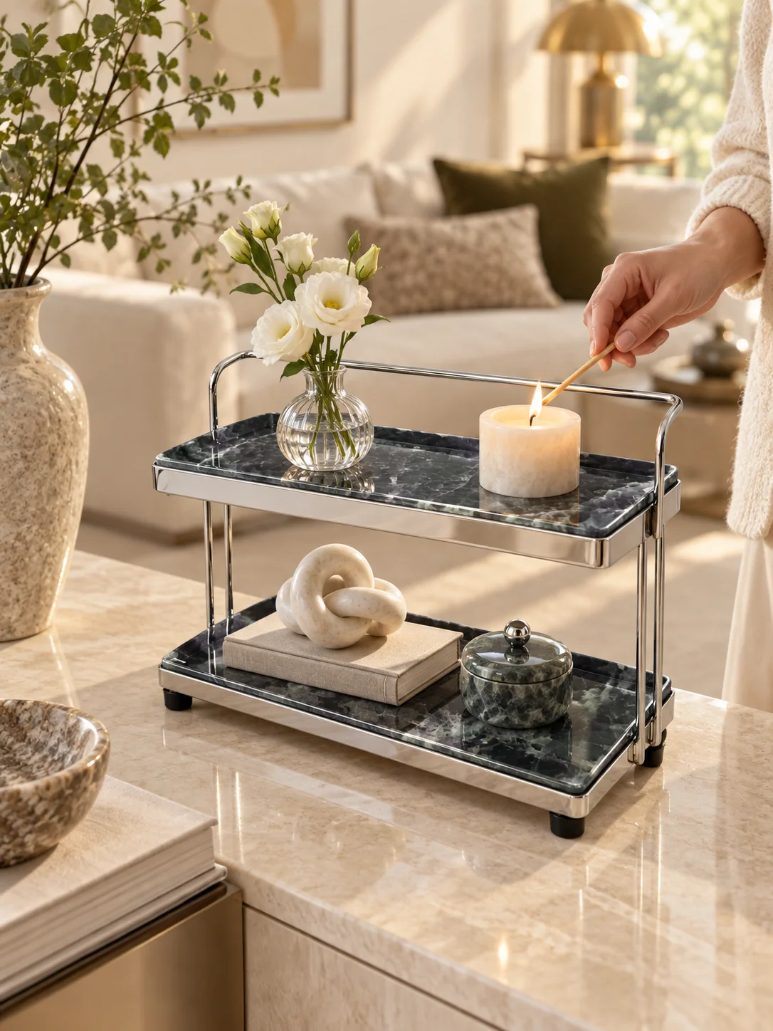 Green Fluorite Pattern Mini 2-Tier Stone Rolling Display Cart No. 305 - Image 5