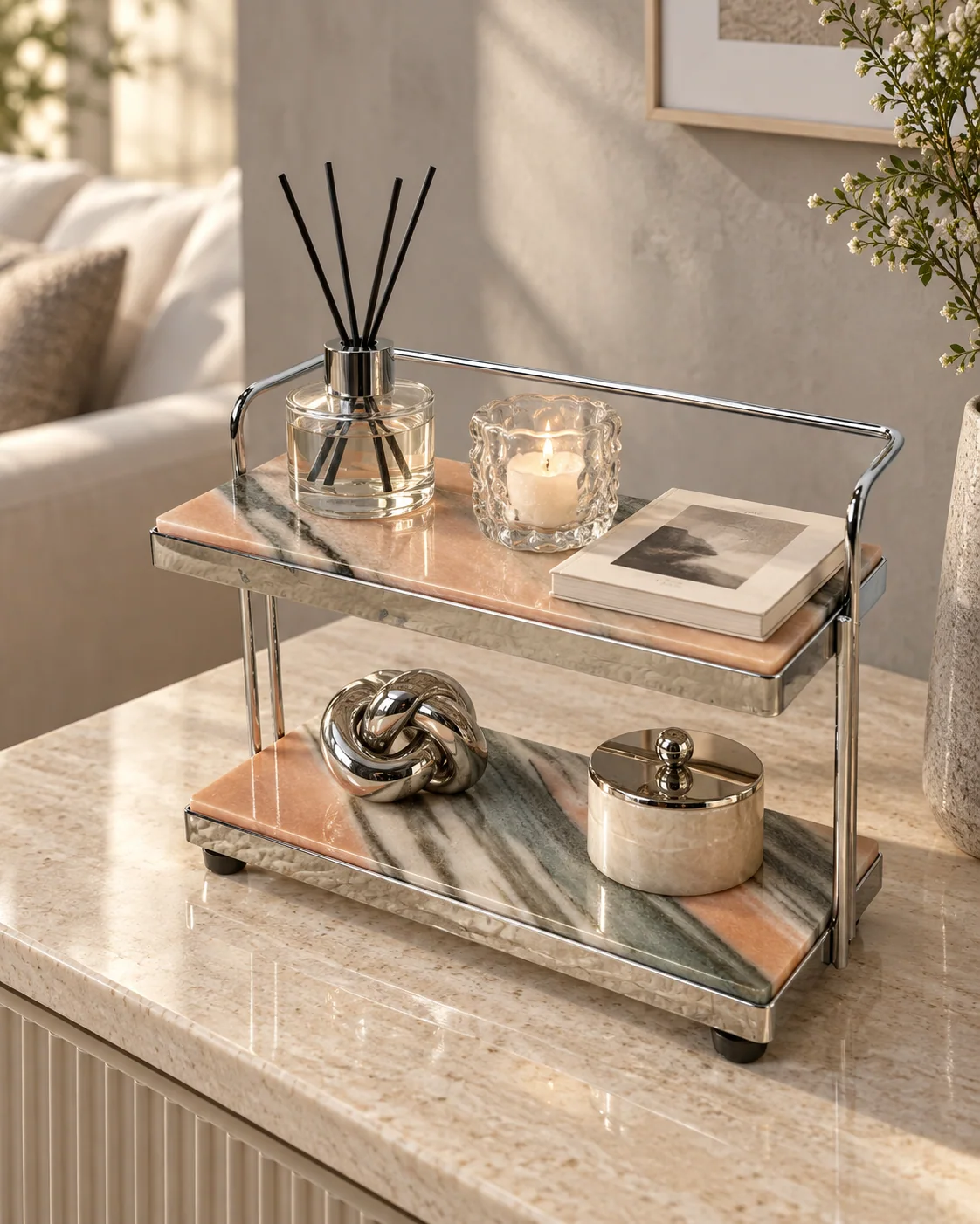Dusty Pink Stone Mini 2-Tier Stone Rolling Display Cart No. 312 - Image 5
