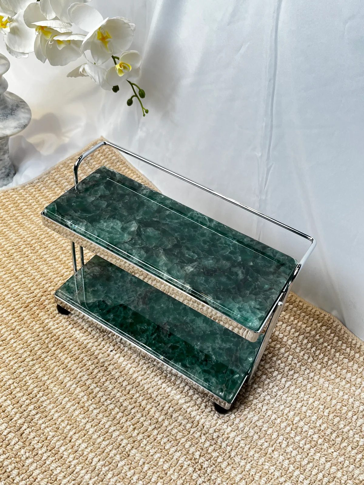 Green Fluorite Pattern Mini 2-Tier Stone Rolling Display Cart No. 305 - Image 6