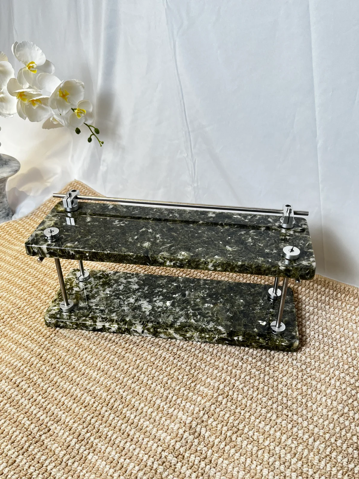 Green Diamond Mosaic Pattern 2-Tier Stone Display Shelf with Top Rail No. 203 - Image 6