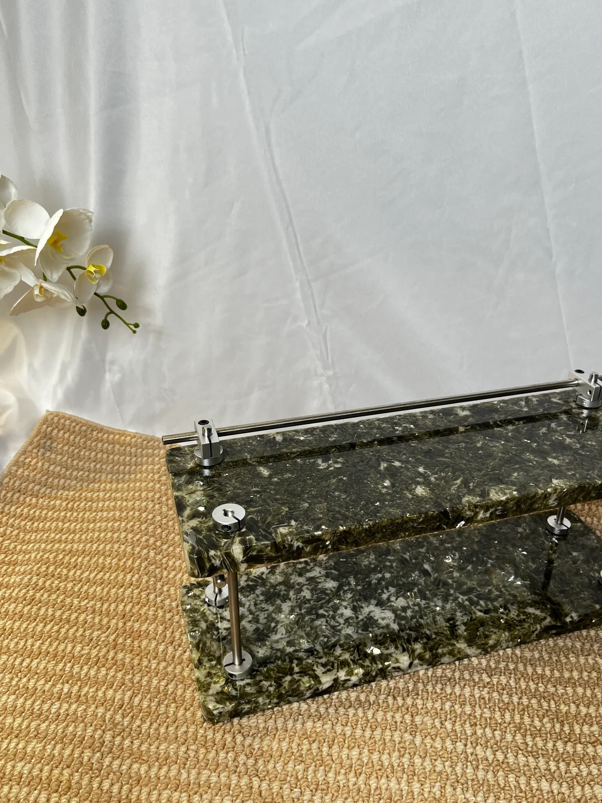 Green Diamond Mosaic Pattern 2-Tier Stone Display Shelf with Top Rail No. 203 - Image 7