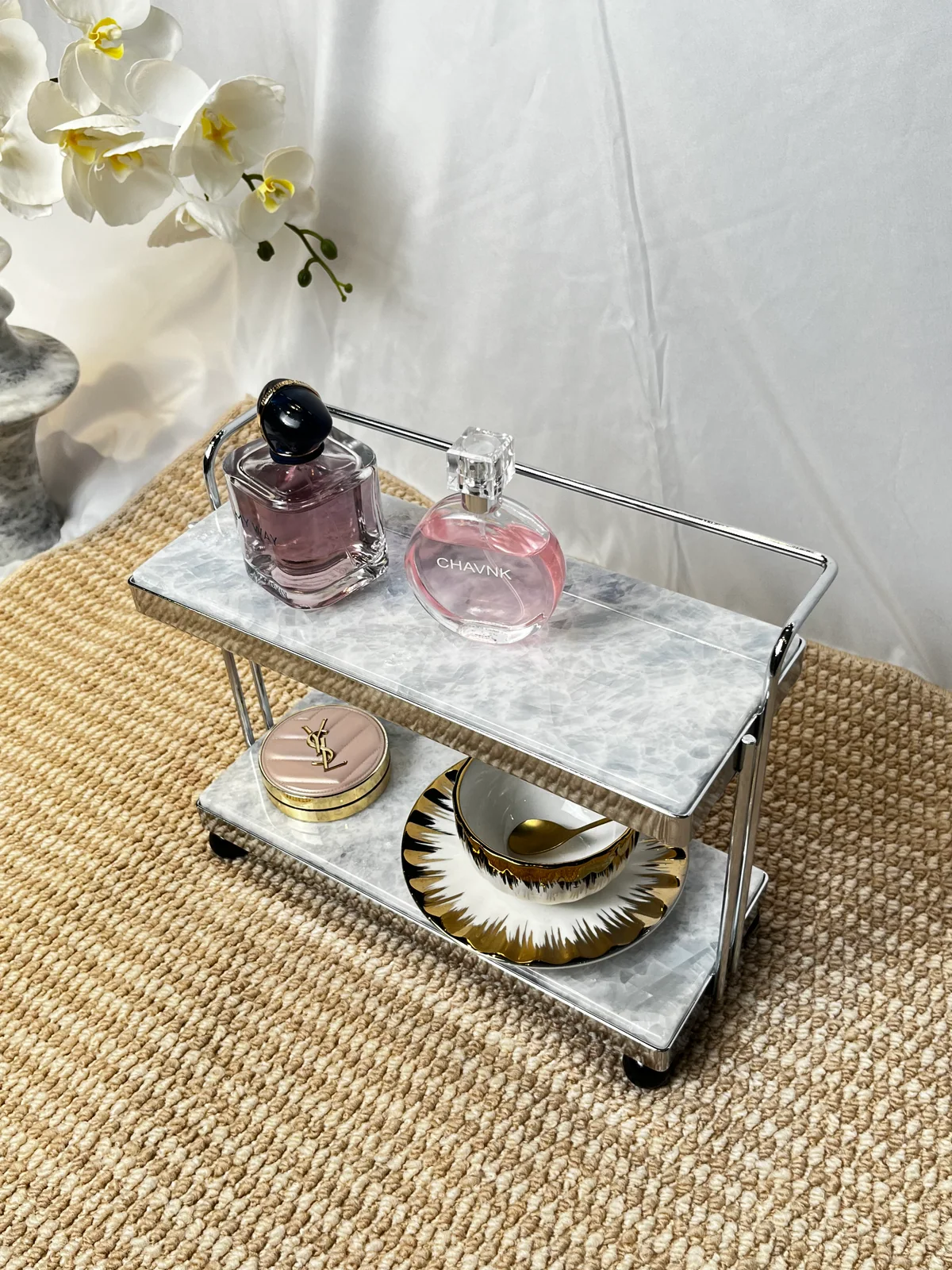 Blue Crystal Pattern Mini 2-Tier Stone Rolling Display Cart No. 301 - Image 9