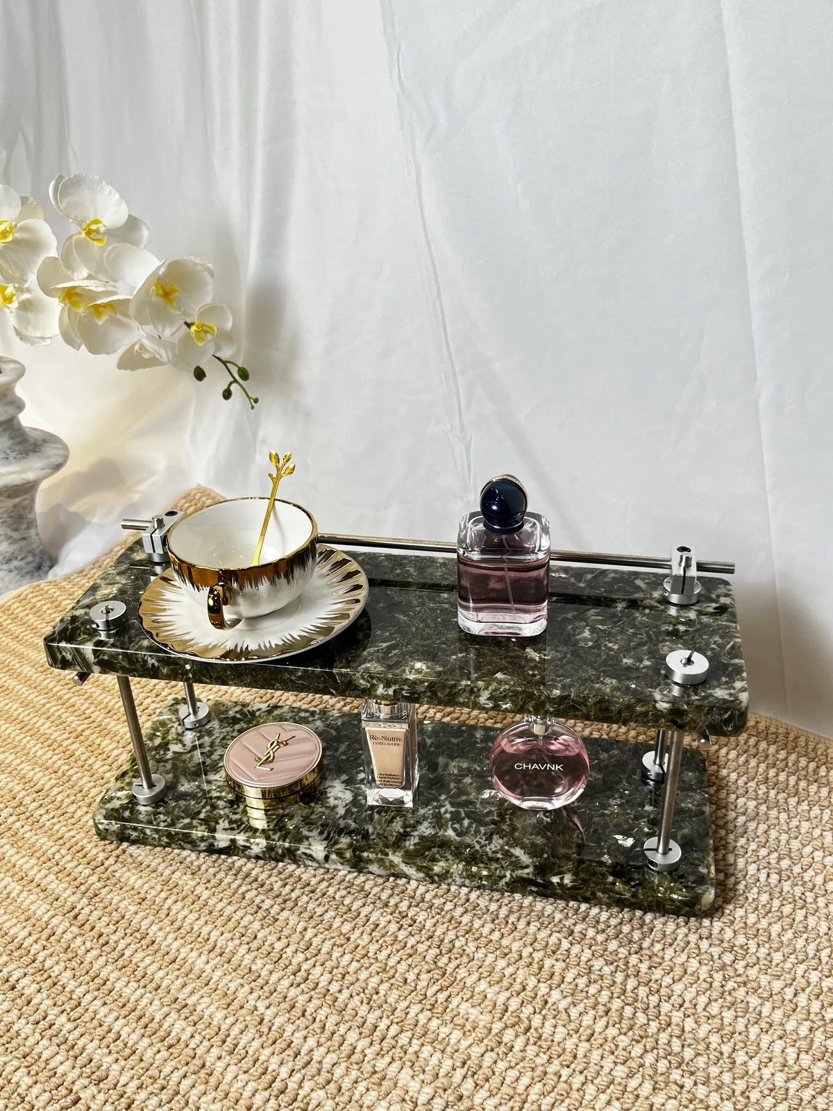 Green Diamond Mosaic Pattern 2-Tier Stone Display Shelf with Top Rail No. 203 - Image 9