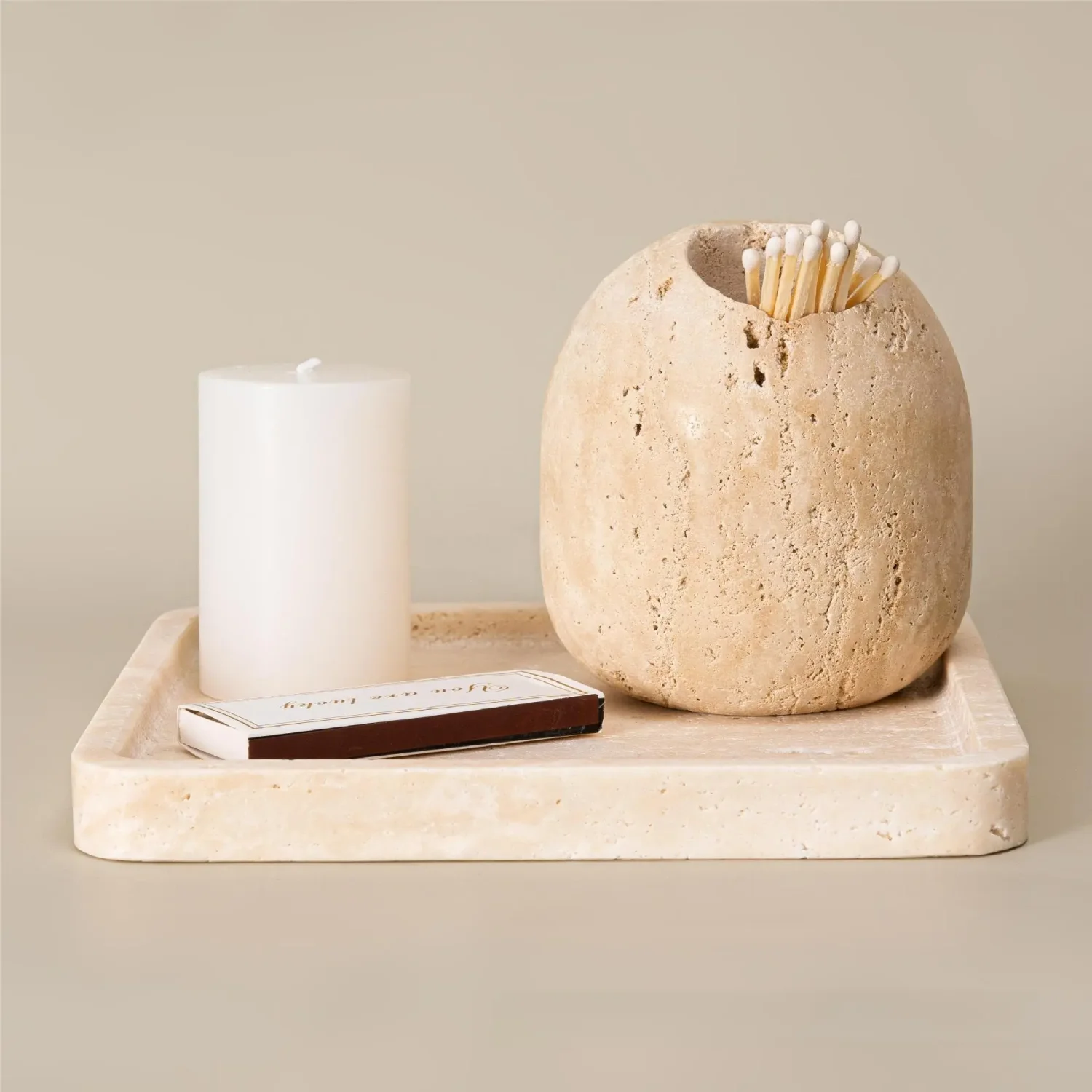 Natural Beige Travertine Cotton Swab Holder — original gallery material or finish reference 1