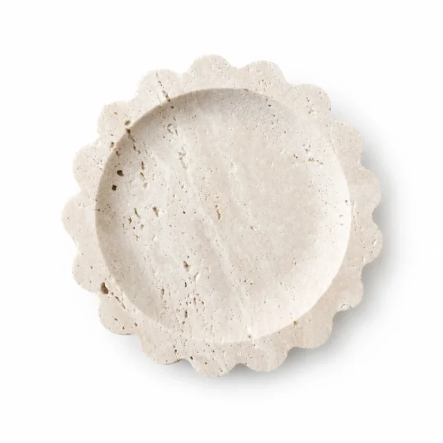 Natural Beige Travertine Round Scalloped Decorative Tray
