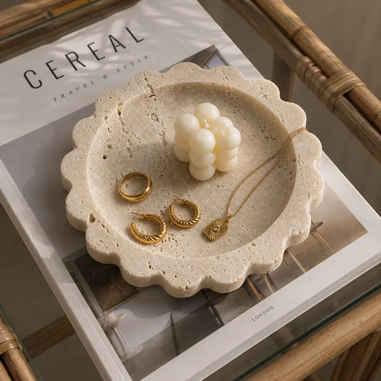 Natural Beige Travertine Round Scalloped Decorative Tray — original gallery material or finish reference 1