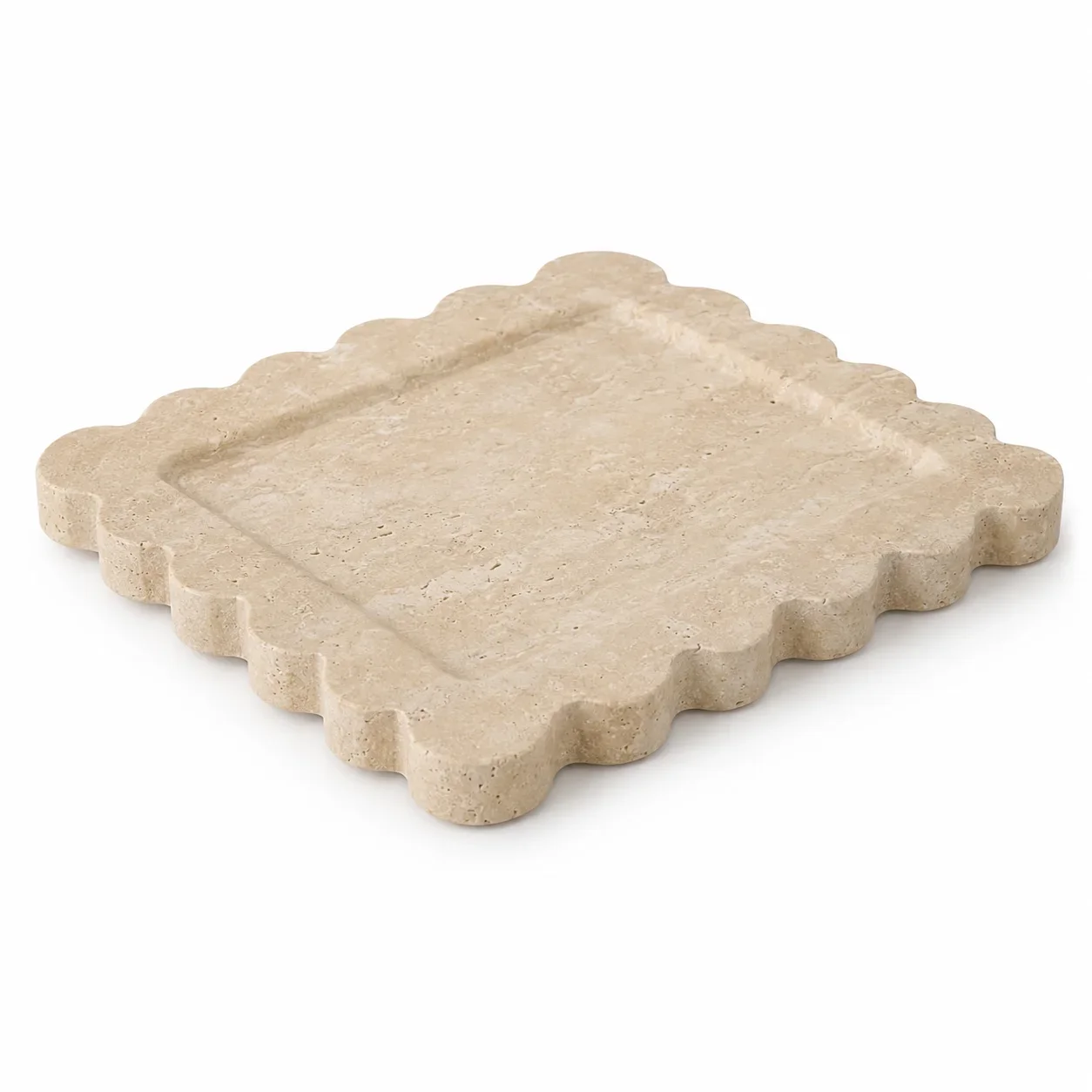 Natural Beige Travertine Square Scalloped Decorative Tray
