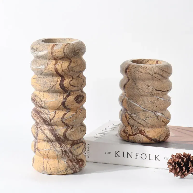 Natural Rainforest Brown Marble Threaded Cylindrical Vase — original gallery material or finish reference 1