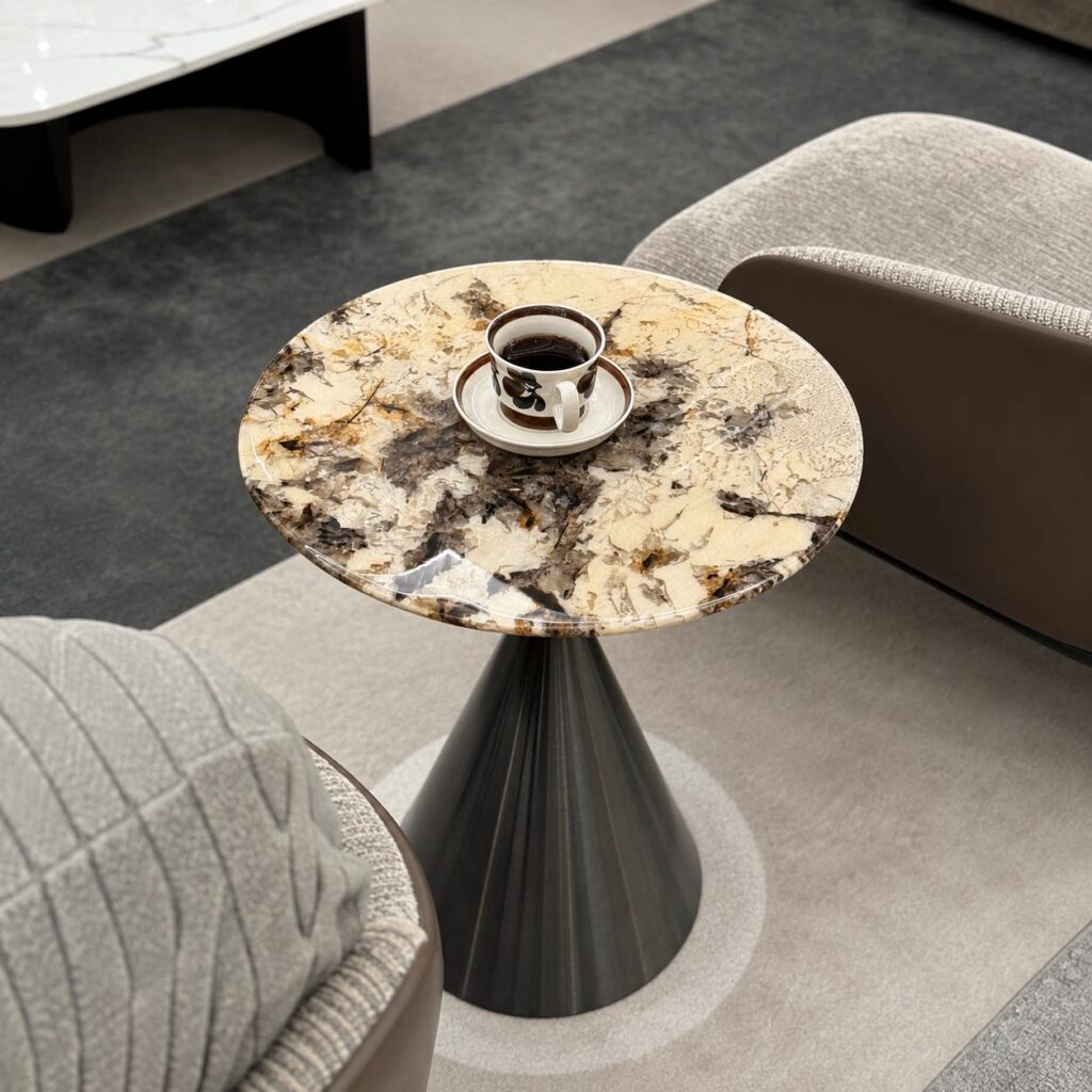 Natural Stone Round Side Table with Fluted Conical Base
