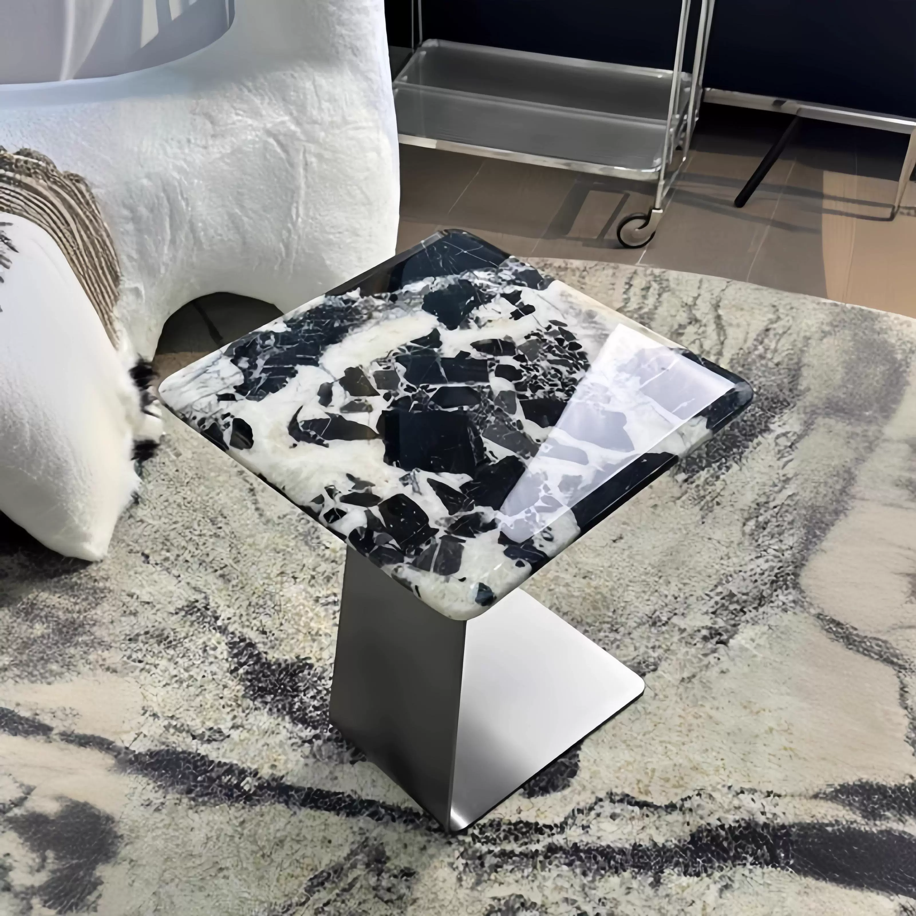 Square Stone Side Table with Geometric Pedestal