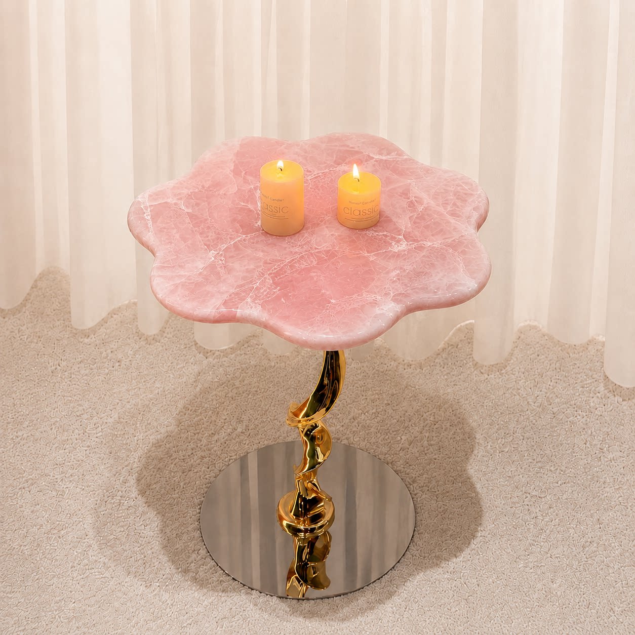 Pink Stone Petal Side Table with Sculptural Metal Base