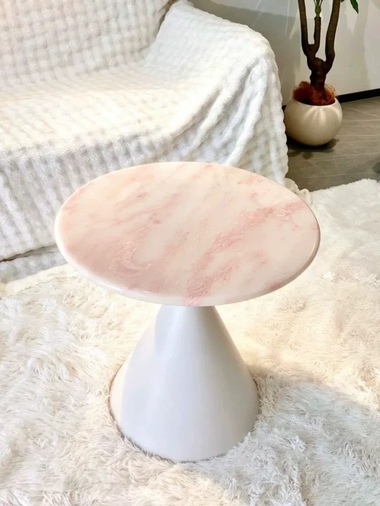 Pink Stone Round Side Table with Conical Base
