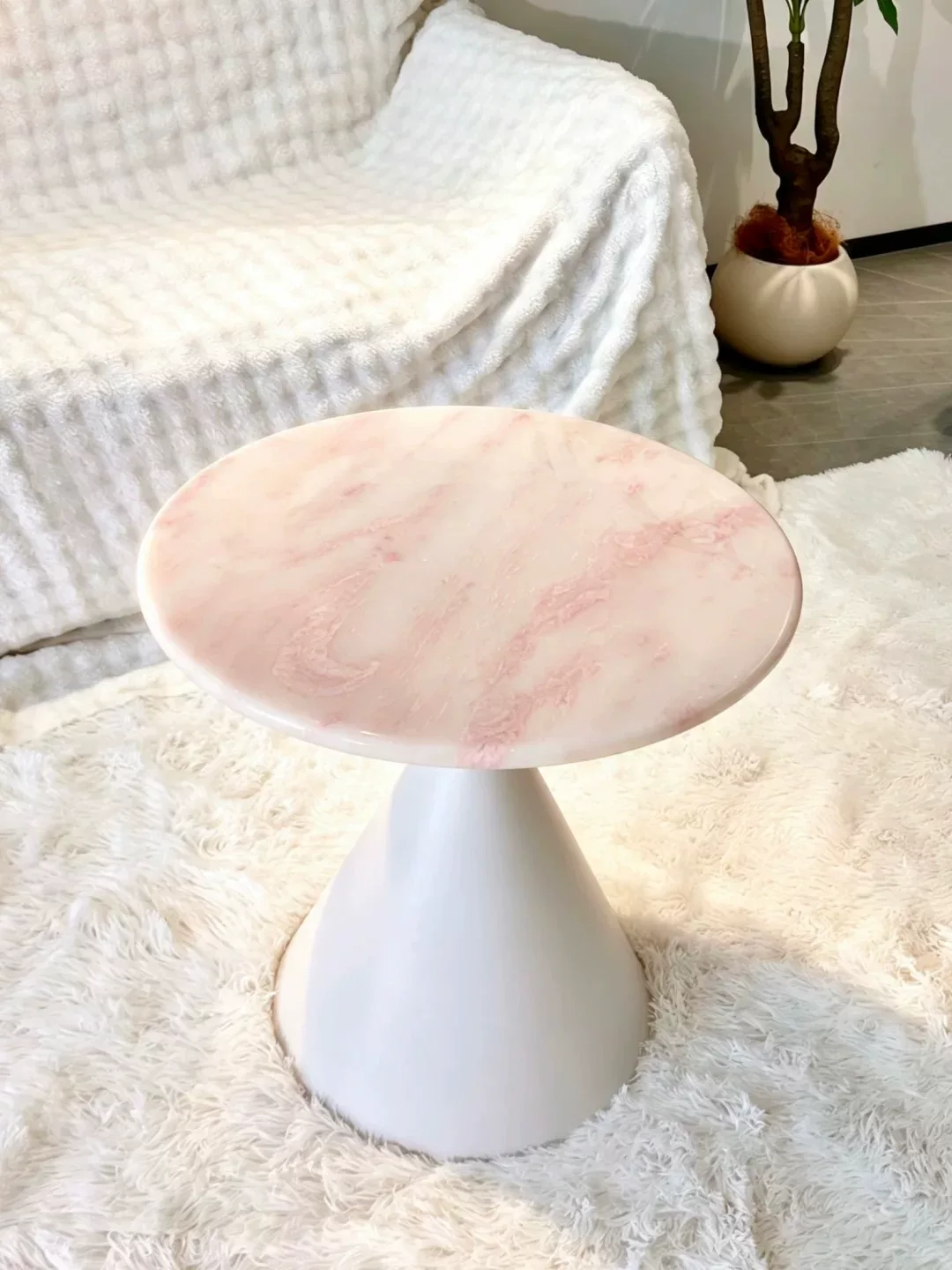 Pink Stone Round Side Table with Conical Base