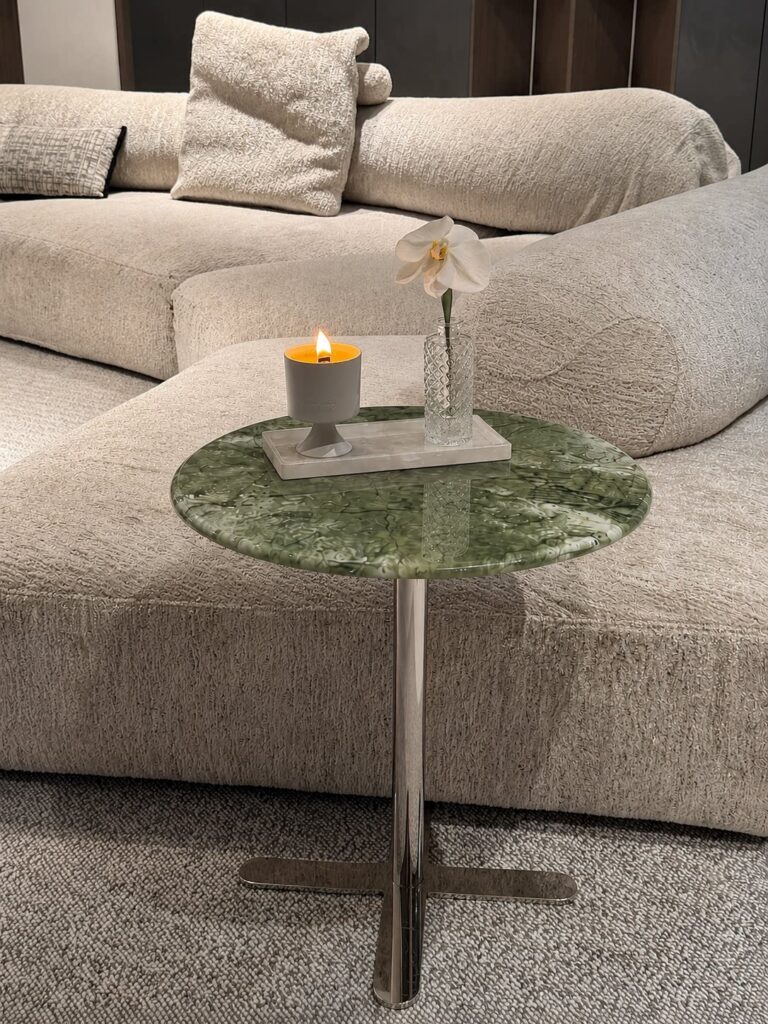 Green Stone Round Side Table with Cross Base