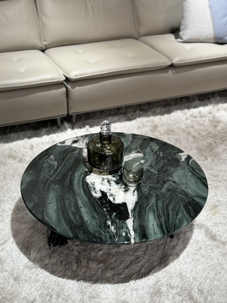 Green Stone Round Coffee Table with Cylindrical Base