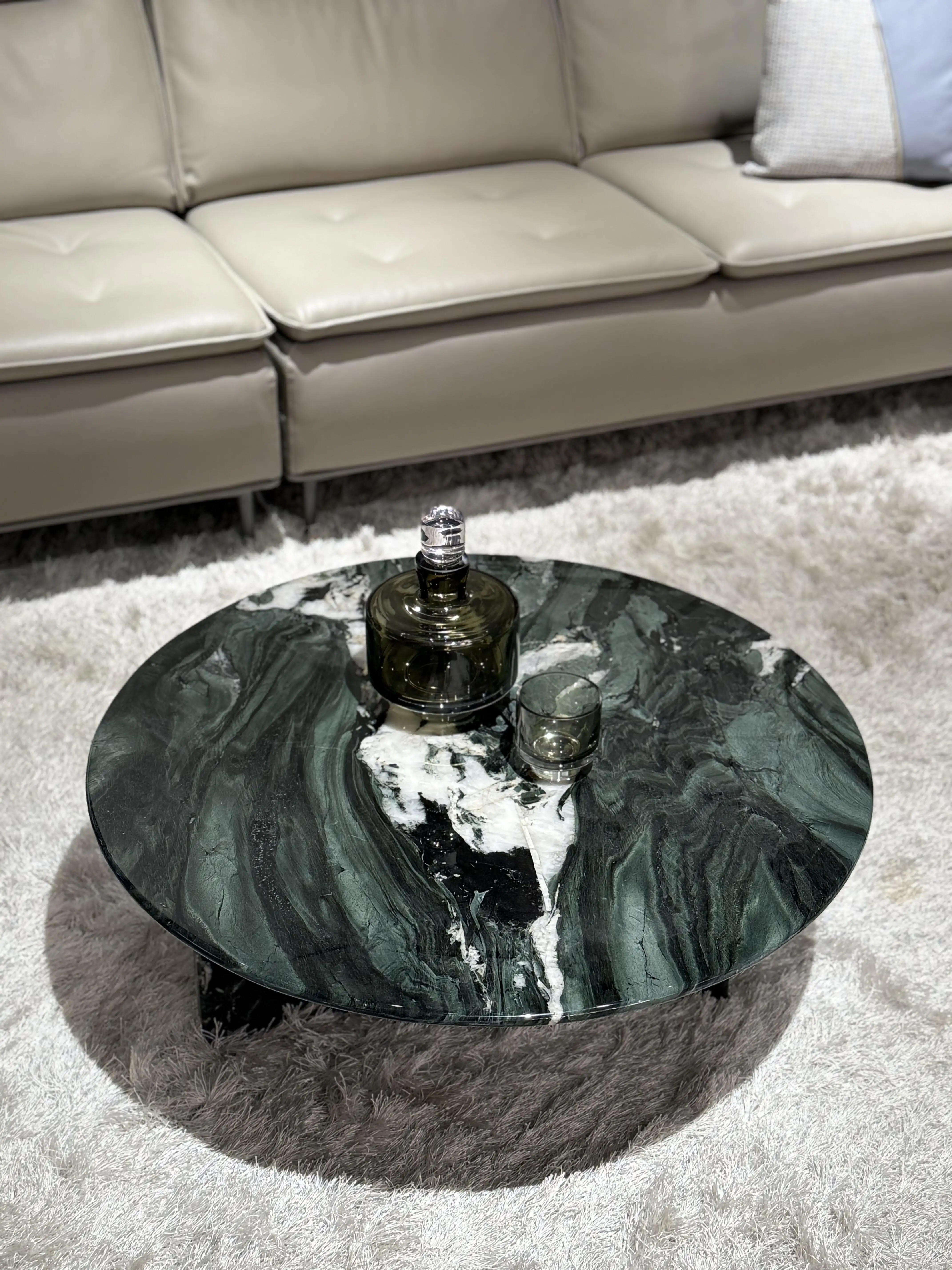 Green Stone Round Coffee Table with Cylindrical Base