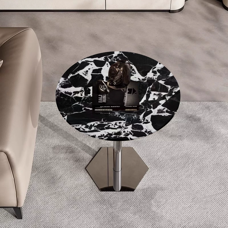 Natural Stone Round Side Table with Geometric Metal Base