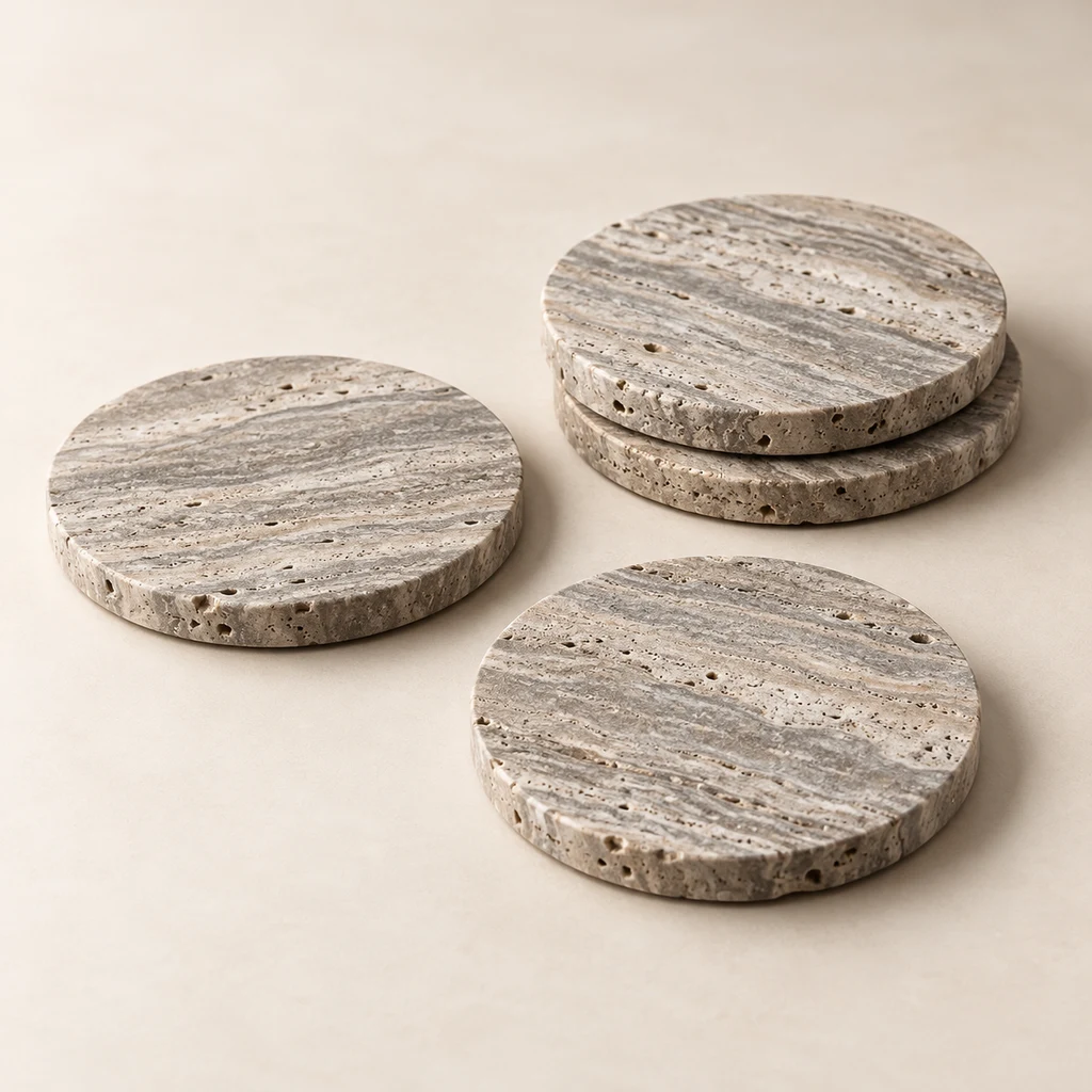 Coaster Set Silver Travertine