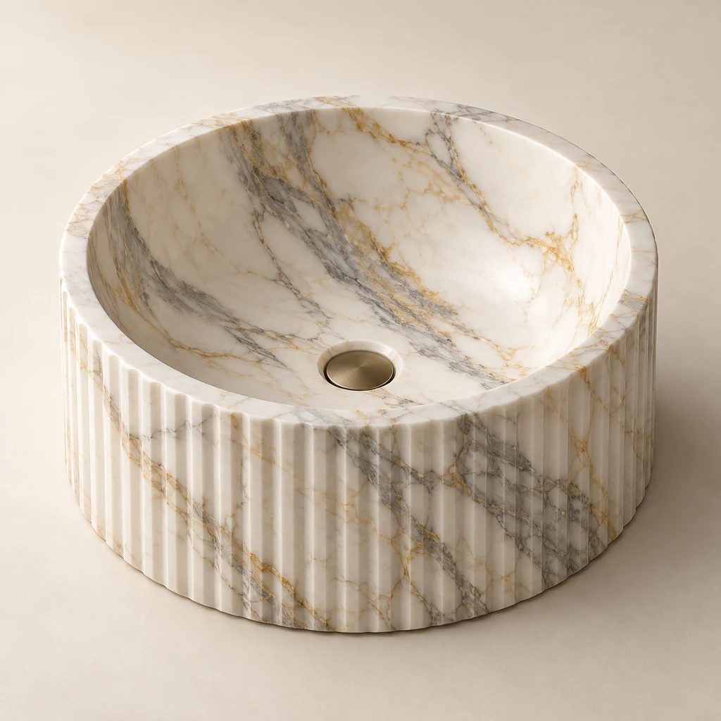 Fluted Marble Basin - Calacatta Gold Cylinder