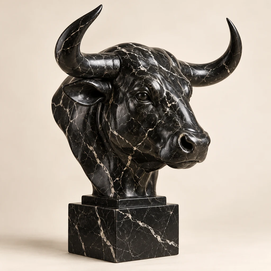 Exotic Marble Bull Head Sculpture - Nero Marquina Display