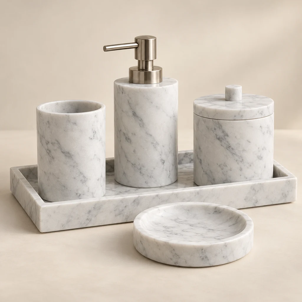 Carrara Marble Bathroom Accessory Set
