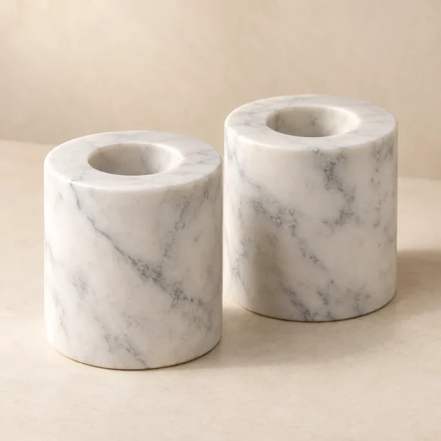 Marble Candle Holder Pair - White Marble Pair